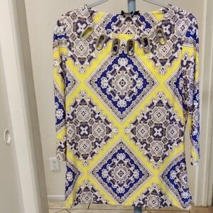 Lavanya Yellow and Blue Patterned Women's Tunic Stretch 3/4 Sleeve Size PL